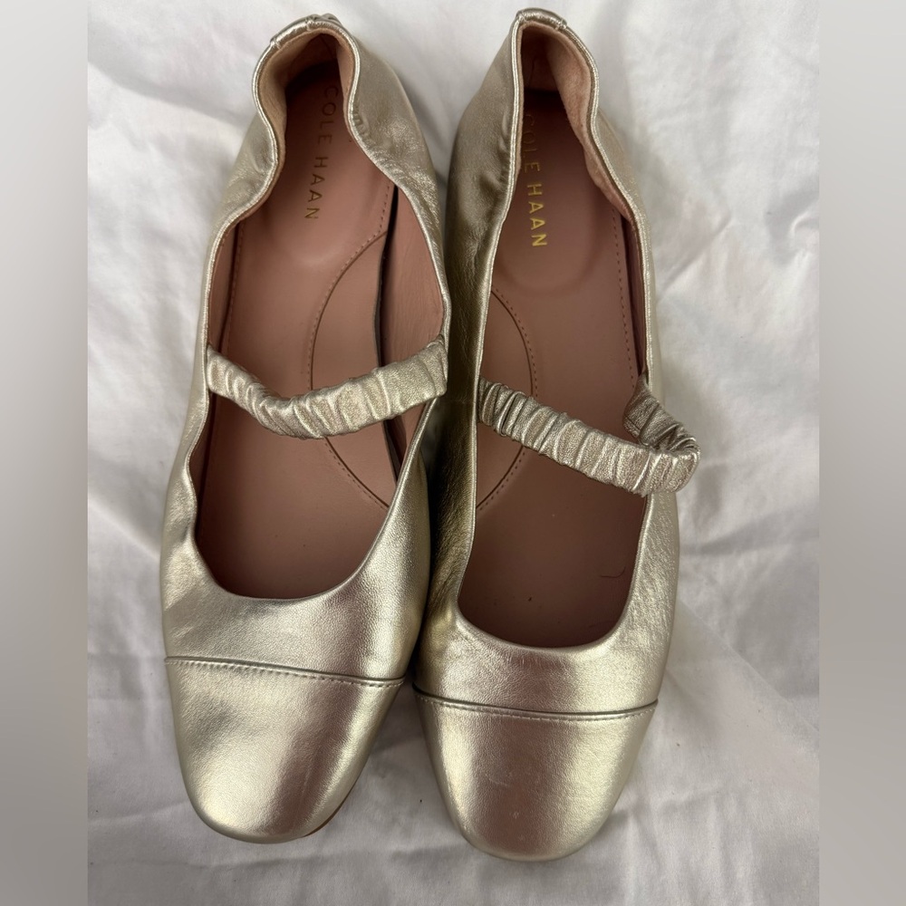 Cole Haan Yvette Mary Jane Ballet Flats • Gold Leather • Size 10 • New